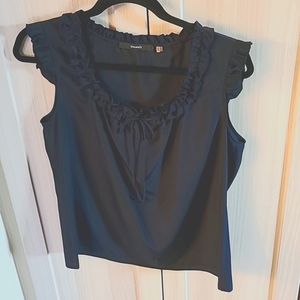 Tahari Navy Tank Blouse with ruffle collar and tie- size M